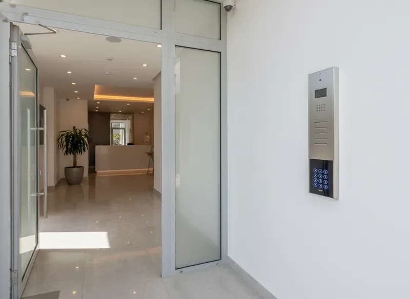 כניסה לבניין מגורים עם אינטרקום וקודן מותקנים